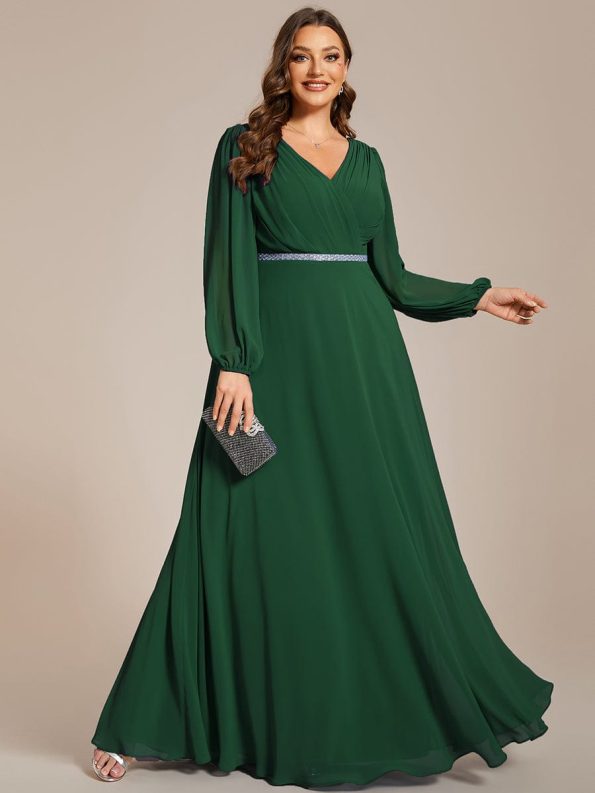 Pleated Double V-Neck Long Sleeves Shiny Belt Chiffon Evening Dress - Dark Green