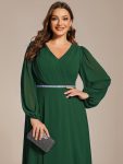 Pleated Double V-Neck Long Sleeves Shiny Belt Chiffon Evening Dress – Dark Green