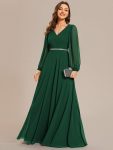 Pleated Double V-Neck Long Sleeves Shiny Belt Chiffon Evening Dress – Dark Green