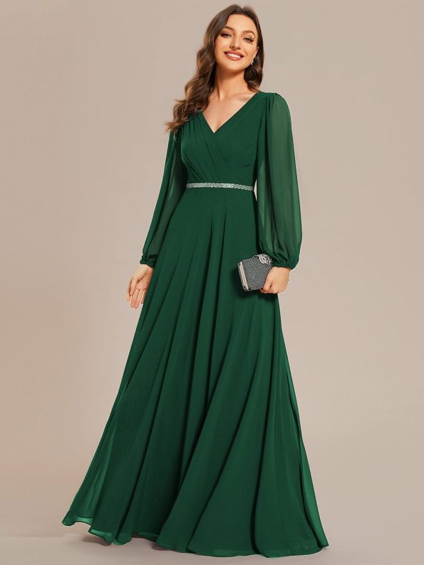 Pleated Double V-Neck Long Sleeves Shiny Belt Chiffon Evening Dress - Dark Green