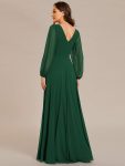 Pleated Double V-Neck Long Sleeves Shiny Belt Chiffon Evening Dress – Dark Green