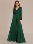 Pleated Double V-Neck Long Sleeves Shiny Belt Chiffon Evening Dress – Dark Green