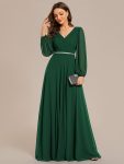 Pleated Double V-Neck Long Sleeves Shiny Belt Chiffon Evening Dress – Dark Green