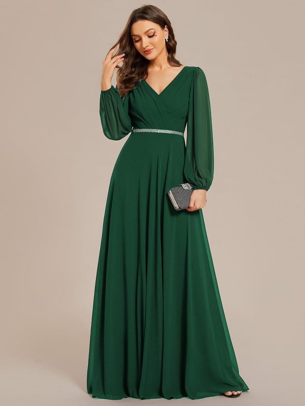 Pleated Double V-Neck Long Sleeves Shiny Belt Chiffon Evening Dress - Dark Green