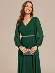 Pleated Double V-Neck Long Sleeves Shiny Belt Chiffon Evening Dress – Dark Green