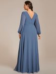 Pleated Double V-Neck Long Sleeves Shiny Belt Chiffon Evening Dress – Dusty Navy