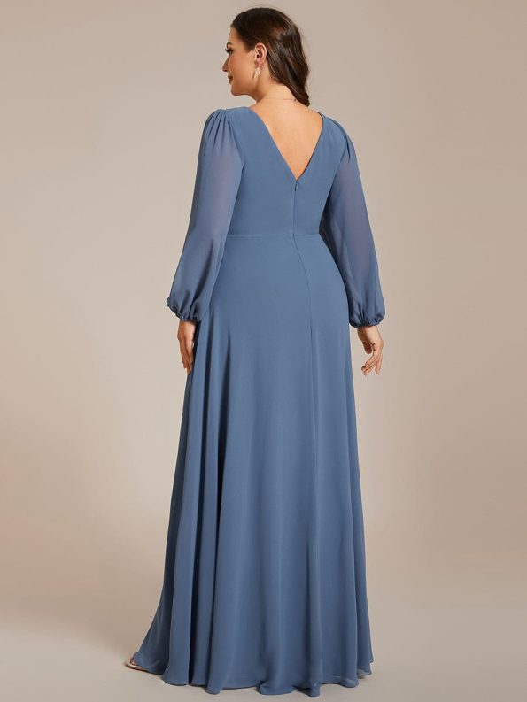 Pleated Double V-Neck Long Sleeves Shiny Belt Chiffon Evening Dress - Dusty Navy