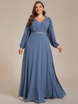 Pleated Double V-Neck Long Sleeves Shiny Belt Chiffon Evening Dress – Dusty Navy