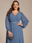 Pleated Double V-Neck Long Sleeves Shiny Belt Chiffon Evening Dress – Dusty Navy