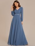 Pleated Double V-Neck Long Sleeves Shiny Belt Chiffon Evening Dress – Dusty Navy