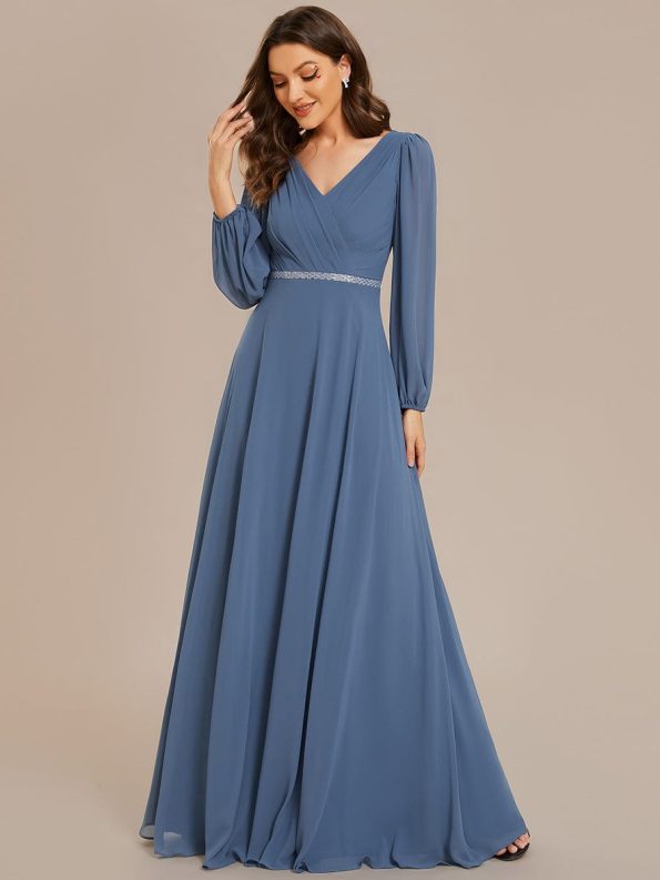 Pleated Double V-Neck Long Sleeves Shiny Belt Chiffon Evening Dress - Dusty Navy