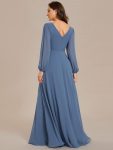 Pleated Double V-Neck Long Sleeves Shiny Belt Chiffon Evening Dress – Dusty Navy