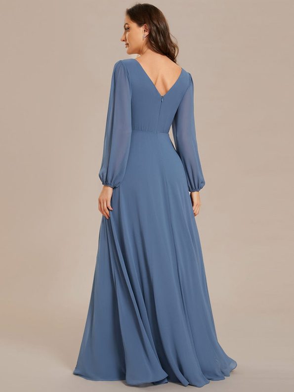 Pleated Double V-Neck Long Sleeves Shiny Belt Chiffon Evening Dress - Dusty Navy