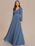 Pleated Double V-Neck Long Sleeves Shiny Belt Chiffon Evening Dress - Dusty Navy