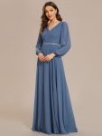 Pleated Double V-Neck Long Sleeves Shiny Belt Chiffon Evening Dress – Dusty Navy