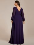 Pleated Double V-Neck Long Sleeves Shiny Belt Chiffon Evening Dress – Dark Purple