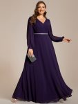 Pleated Double V-Neck Long Sleeves Shiny Belt Chiffon Evening Dress – Dark Purple