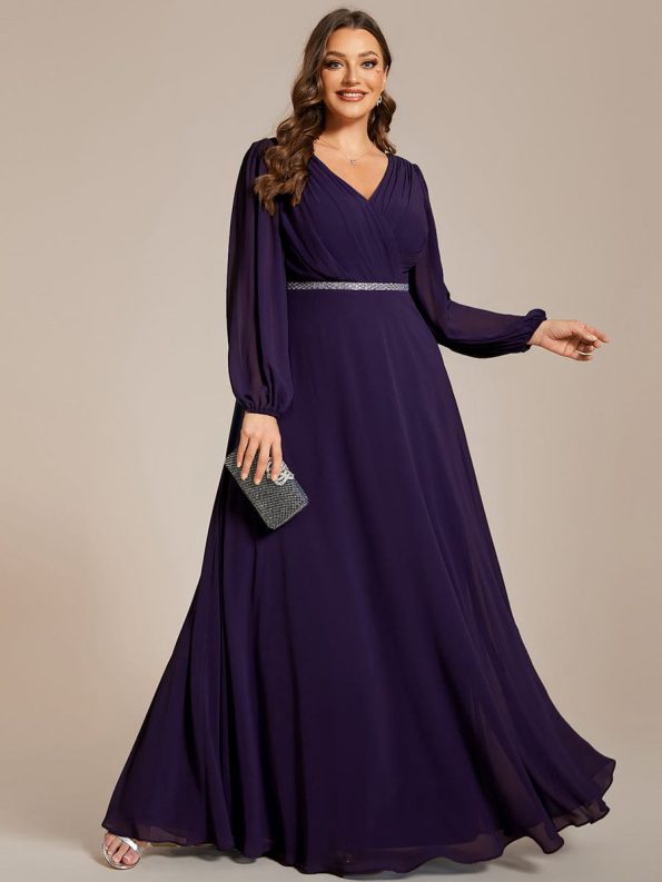 Pleated Double V-Neck Long Sleeves Shiny Belt Chiffon Evening Dress - Dark Purple