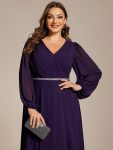 Pleated Double V-Neck Long Sleeves Shiny Belt Chiffon Evening Dress – Dark Purple