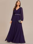 Pleated Double V-Neck Long Sleeves Shiny Belt Chiffon Evening Dress – Dark Purple