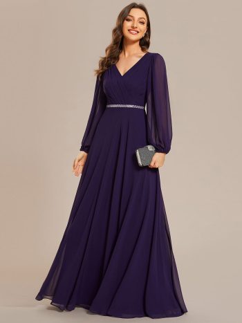 Pleated Double V-Neck Long Sleeves Shiny Belt Chiffon Evening Dress - Dark Purple