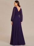 Pleated Double V-Neck Long Sleeves Shiny Belt Chiffon Evening Dress – Dark Purple