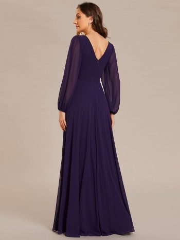 Pleated Double V-Neck Long Sleeves Shiny Belt Chiffon Evening Dress - Dark Purple