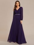 Pleated Double V-Neck Long Sleeves Shiny Belt Chiffon Evening Dress – Dark Purple