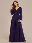 Pleated Double V-Neck Long Sleeves Shiny Belt Chiffon Evening Dress – Dark Purple