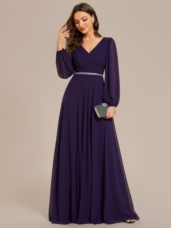 Pleated Double V-Neck Long Sleeves Shiny Belt Chiffon Evening Dress - Dark Purple