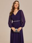 Pleated Double V-Neck Long Sleeves Shiny Belt Chiffon Evening Dress – Dark Purple