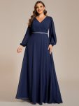 Pleated Double V-Neck Long Sleeves Shiny Belt Chiffon Evening Dress – Navy Blue