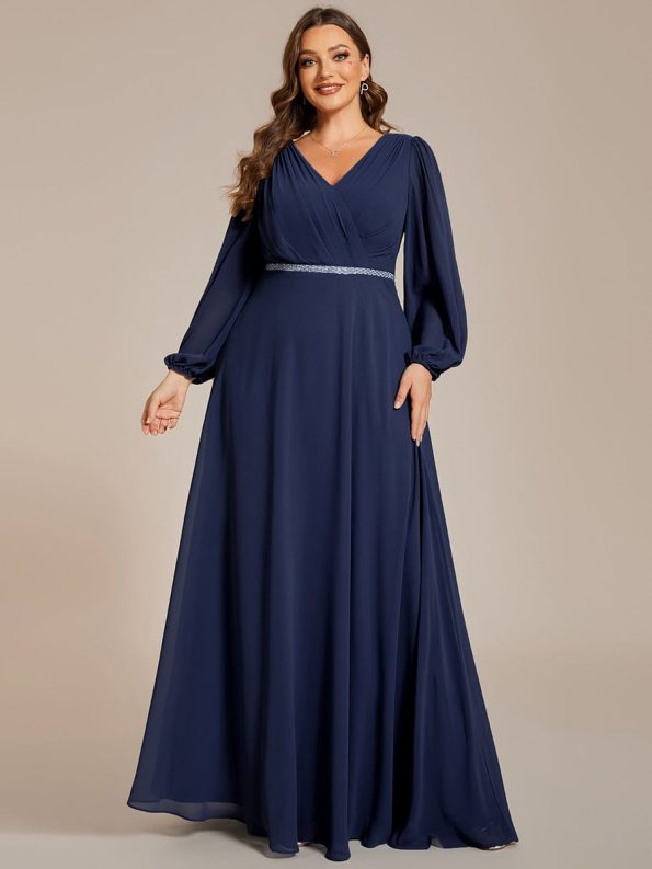 Pleated Double V-Neck Long Sleeves Shiny Belt Chiffon Evening Dress - Navy Blue