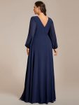 Pleated Double V-Neck Long Sleeves Shiny Belt Chiffon Evening Dress – Navy Blue