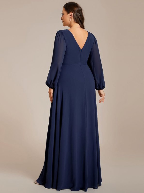 Pleated Double V-Neck Long Sleeves Shiny Belt Chiffon Evening Dress - Navy Blue