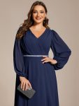 Pleated Double V-Neck Long Sleeves Shiny Belt Chiffon Evening Dress – Navy Blue