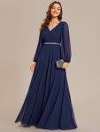 Pleated Double V-Neck Long Sleeves Shiny Belt Chiffon Evening Dress – Navy Blue