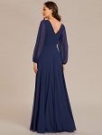 Pleated Double V-Neck Long Sleeves Shiny Belt Chiffon Evening Dress – Navy Blue