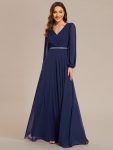 Pleated Double V-Neck Long Sleeves Shiny Belt Chiffon Evening Dress – Navy Blue