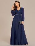 Pleated Double V-Neck Long Sleeves Shiny Belt Chiffon Evening Dress – Navy Blue