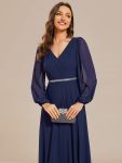 Pleated Double V-Neck Long Sleeves Shiny Belt Chiffon Evening Dress – Navy Blue