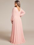 Pleated Double V-Neck Long Sleeves Shiny Belt Chiffon Evening Dress – Pink