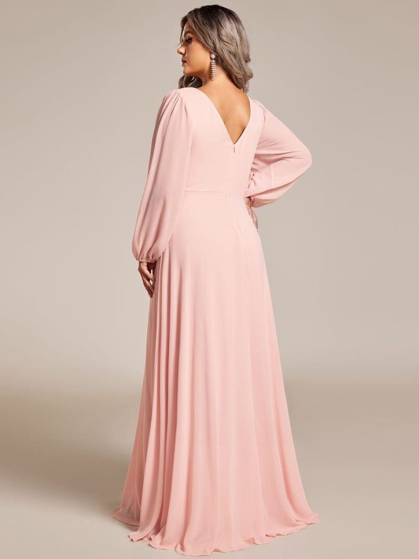 Pleated Double V-Neck Long Sleeves Shiny Belt Chiffon Evening Dress - Pink