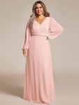 Pleated Double V-Neck Long Sleeves Shiny Belt Chiffon Evening Dress – Pink