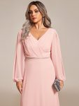 Pleated Double V-Neck Long Sleeves Shiny Belt Chiffon Evening Dress – Pink