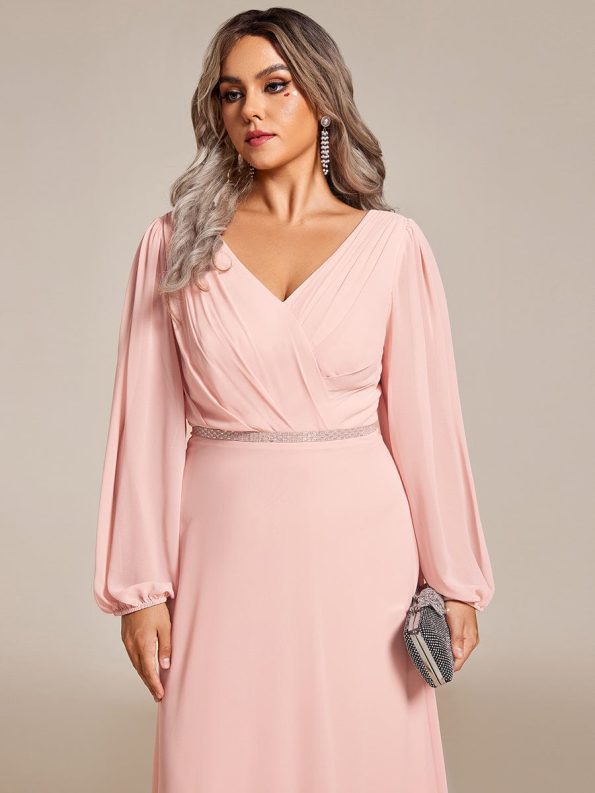 Pleated Double V-Neck Long Sleeves Shiny Belt Chiffon Evening Dress - Pink