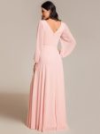 Pleated Double V-Neck Long Sleeves Shiny Belt Chiffon Evening Dress – Pink