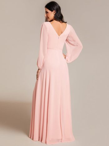 Pleated Double V-Neck Long Sleeves Shiny Belt Chiffon Evening Dress - Pink