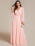 Pleated Double V-Neck Long Sleeves Shiny Belt Chiffon Evening Dress – Pink