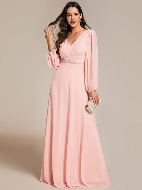 Pleated Double V-Neck Long Sleeves Shiny Belt Chiffon Evening Dress - Pink